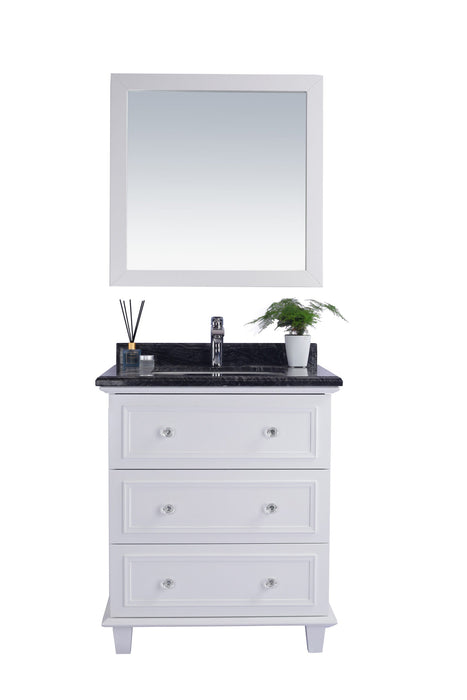 White vanity with black marble top and silver faucet. Above is a square mirror with a white frame.