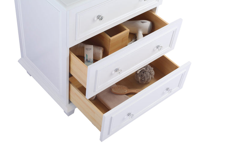 White bathroom vanity with open drawers, revealing toiletries.