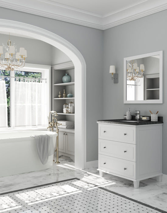 Elegant bathroom with white vanity, marble floor, arched doorway, and chandelier.
