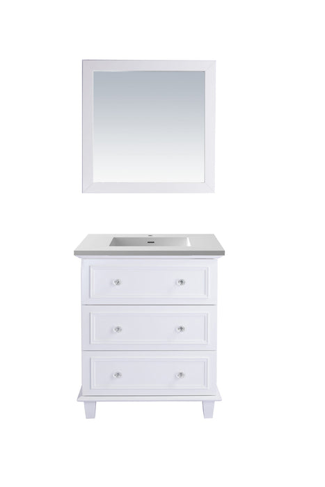 White vanity cabinet with gray countertop and matching square mirror.