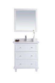 White bathroom vanity with mirror.