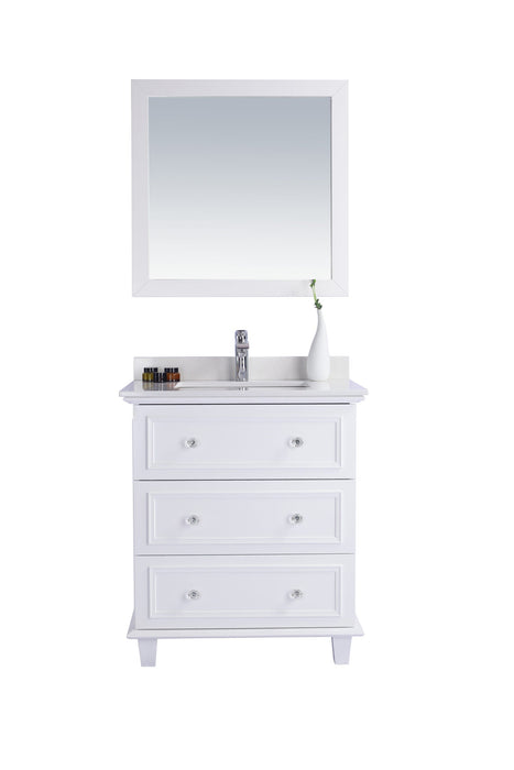 White bathroom vanity with mirror.