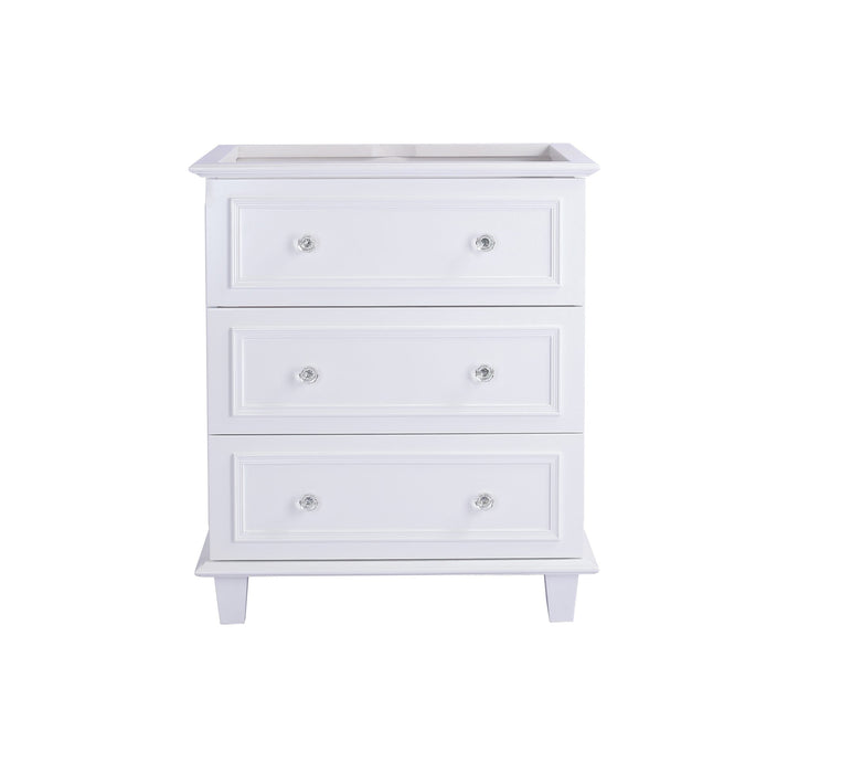 White vanity cabinet with three drawers and crystal knobs.
