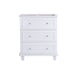 White vanity cabinet with three drawers and crystal knobs.
