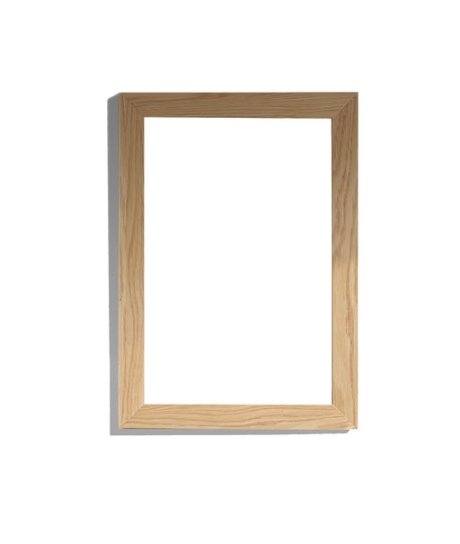 Wooden picture frame with white background.