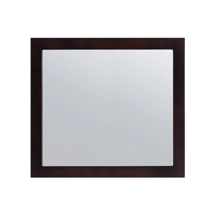 Square mirror with dark wood frame.