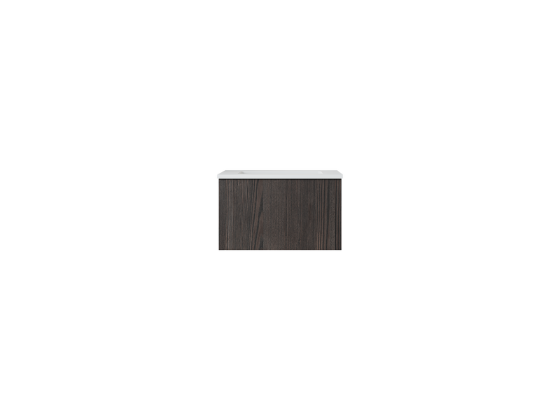 Cabinet with white top and dark wood-grain door.