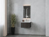 Modern bathroom with grey marble walls, vanity cabinet, sink, illuminated mirror, and decorative plant.
