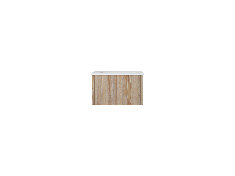 Wooden vanity cabinet with white countertop.