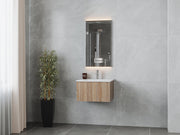 Bathroom vanity with mirrored medicine cabinet, gray tile, and tall plant.
