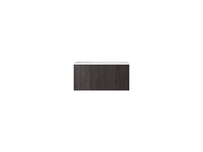 Dark brown wood-grain vanity with white top.
