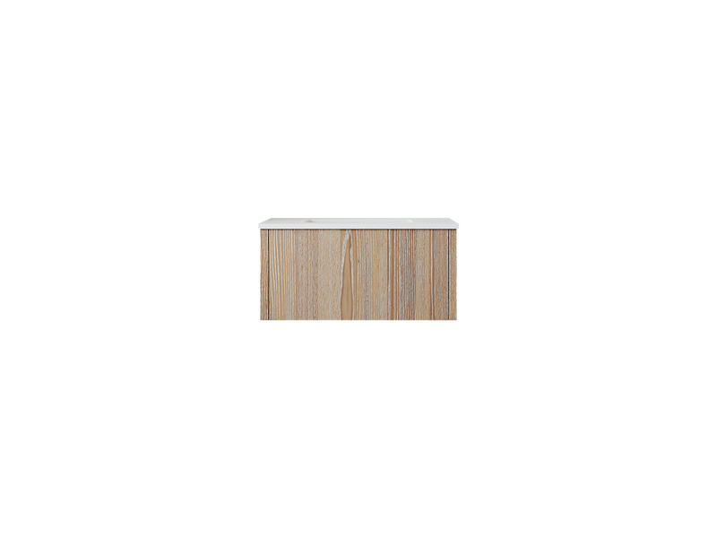 Wooden vanity with white countertop.