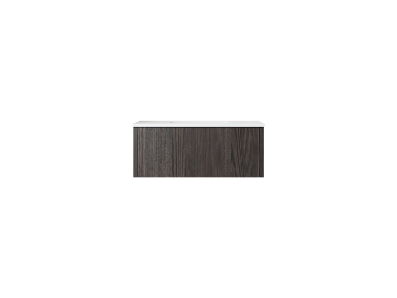 Dark wood bathroom vanity with a white countertop.
