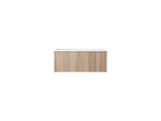 Wood-paneled vanity with white countertop.