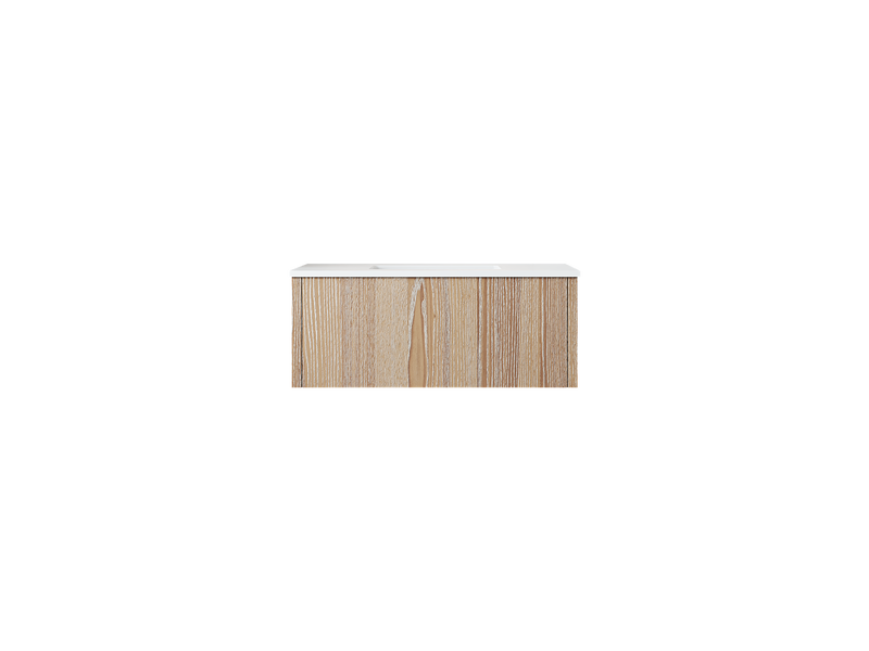 Wood-paneled vanity with white countertop.
