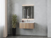 Modern bathroom with wood vanity, lighted mirror, and potted plant.