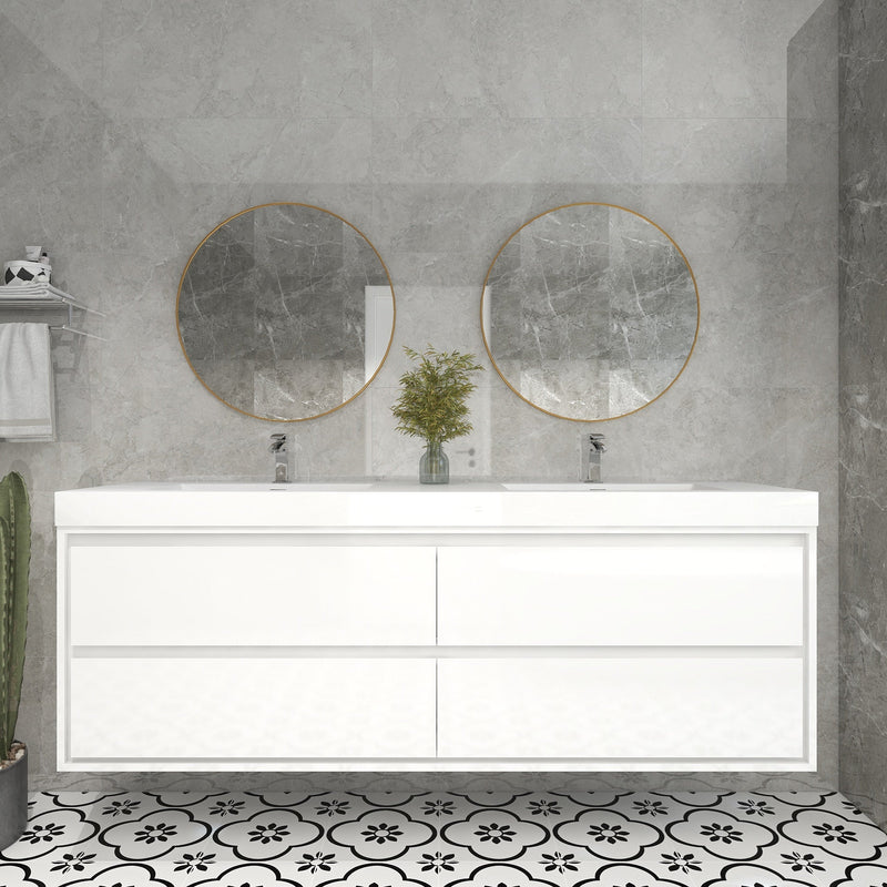Saggia 72" Wall-Mounted Floating Bathroom Vanity with Reinforced Acrylic Double Sink in Gloss White | Better Vanity Modern Luxury Bathroom Vanities