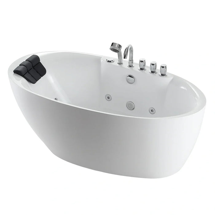 White oval freestanding bathtub with chrome faucet, showerhead, and black cushioned headrest on white background.