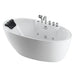 White oval freestanding bathtub with chrome faucet, showerhead, and black cushioned headrest on white background.