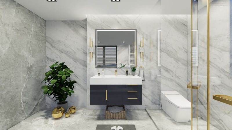 Bethany Wall Mounted Floating Bathroom Vanity with Reinforced Acrylic Sink | Gold Handles