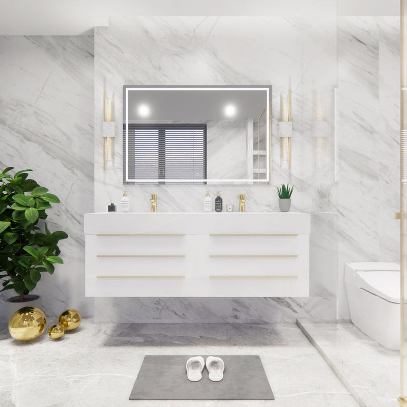 Bethany Wall Mounted Floating Bathroom Vanity with Reinforced Acrylic Sink | Gold Handles