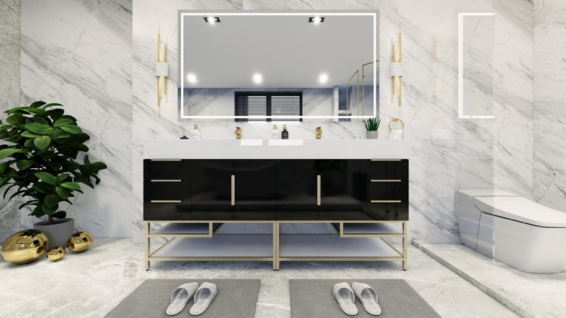Bethany 72" Freestanding Vanity in High Gloss Black with Double Sink, Side Drawers