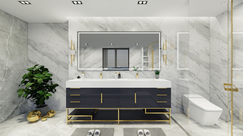 Bethany 84" Freestanding Modern Vanity in Gloss Gray with Double Sink, Side Drawers