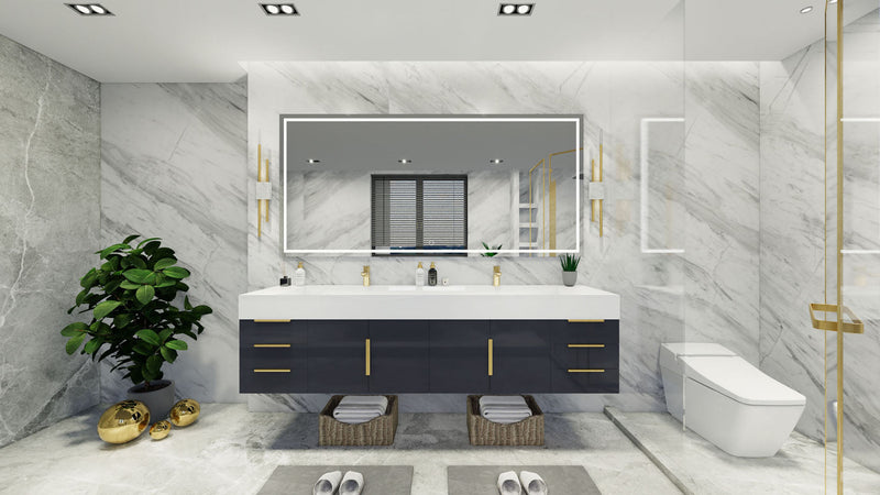 Bethany 84" Floating Double Vanity in Glossy Gray with Double Sink and Side Drawers