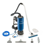 Blue Prolux 10 Quart Commercial Backpack Vacuum complete setup.