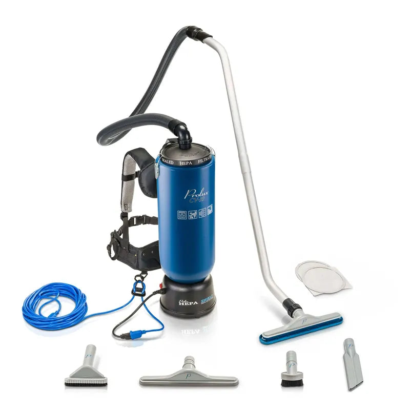 Blue Prolux 10 Quart Commercial Backpack Vacuum complete setup.
