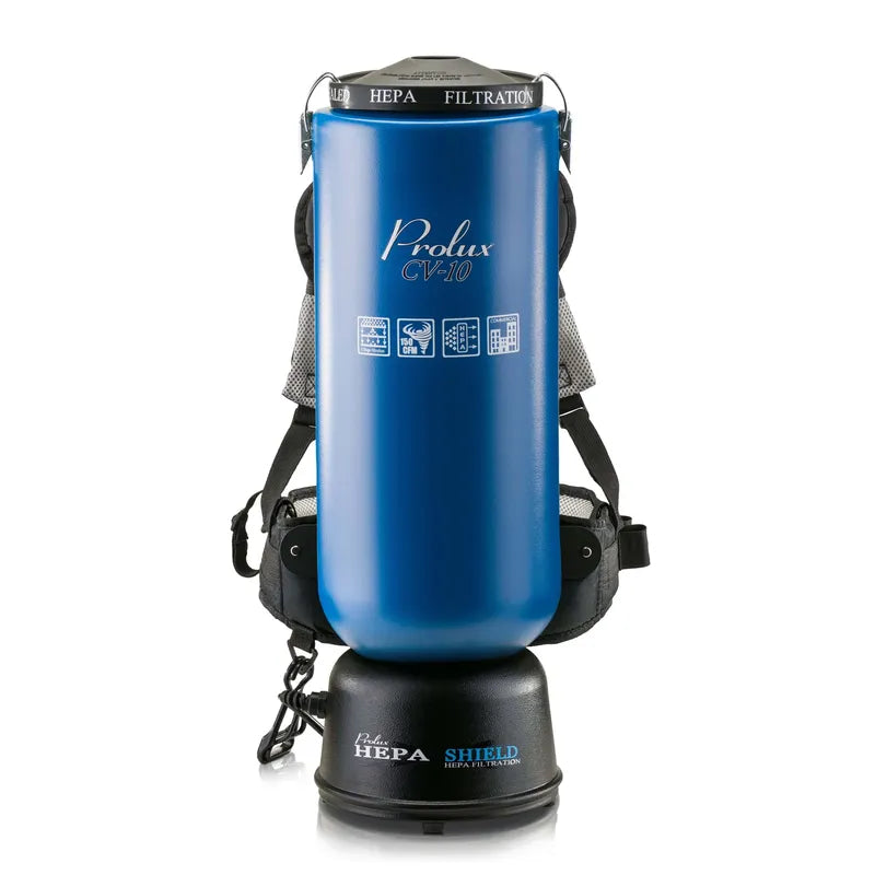 Blue Prolux 10 Quart Commercial Backpack Vacuum front view.