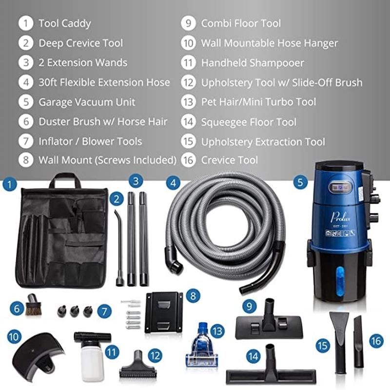 Blue Prolux Wet Dry Garage Vacuum accessories and tool kit list.