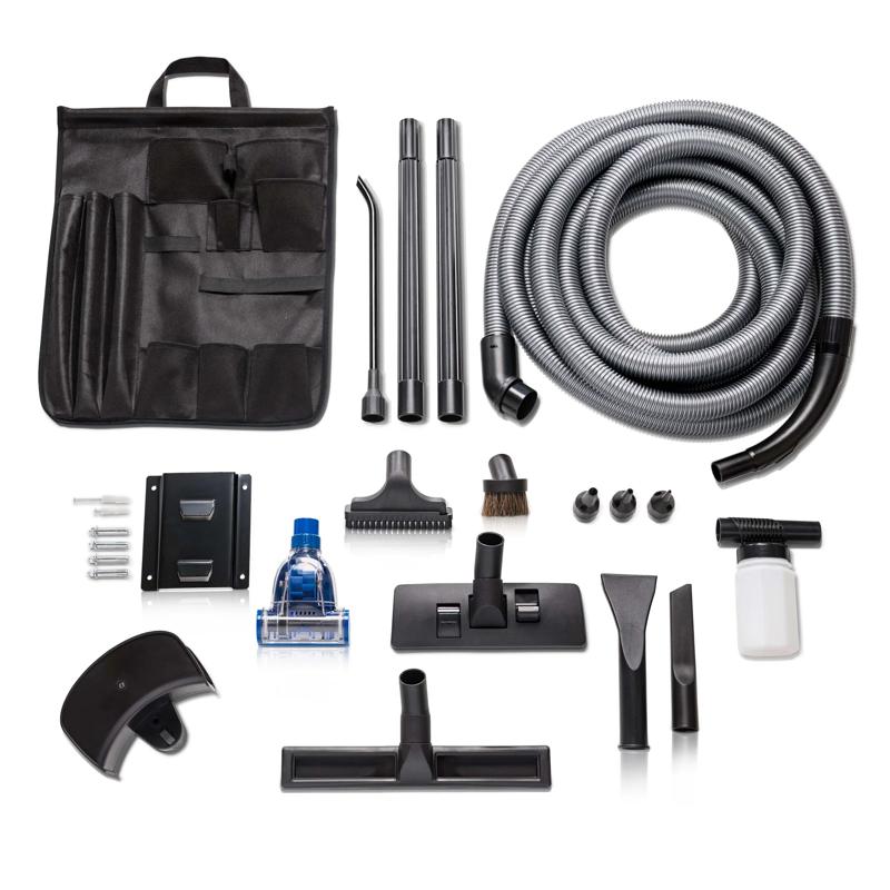 Blue Prolux Wet Dry Garage Vacuum full tool kit layout.