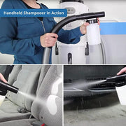 Blue Prolux Wet Dry Garage Vacuum handheld shampooer in action.