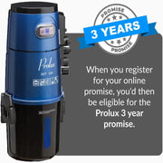 Blue Prolux Wet Dry Garage Vacuum three year warranty promise.