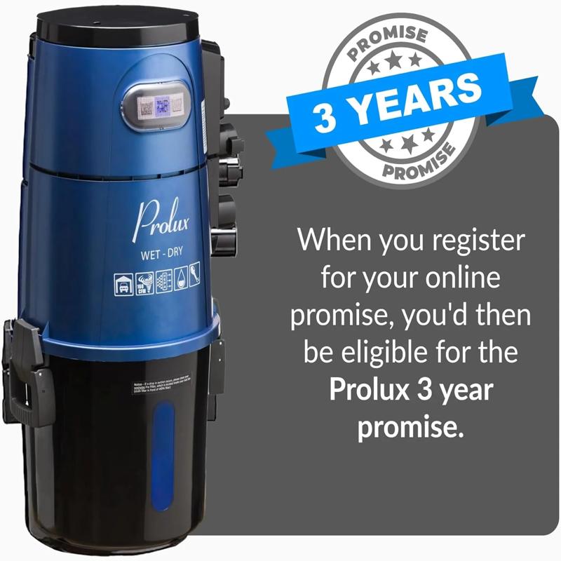 Blue Prolux Wet Dry Garage Vacuum three year warranty promise.