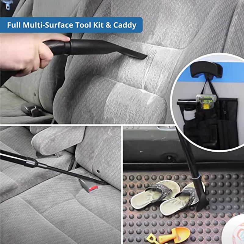 Blue Prolux Wet Dry Garage Vacuum vacuuming car interior multi surface tools.