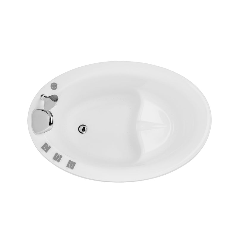 White oval bathtub with rounded edges and chrome faucet, viewed from above with control buttons on side.