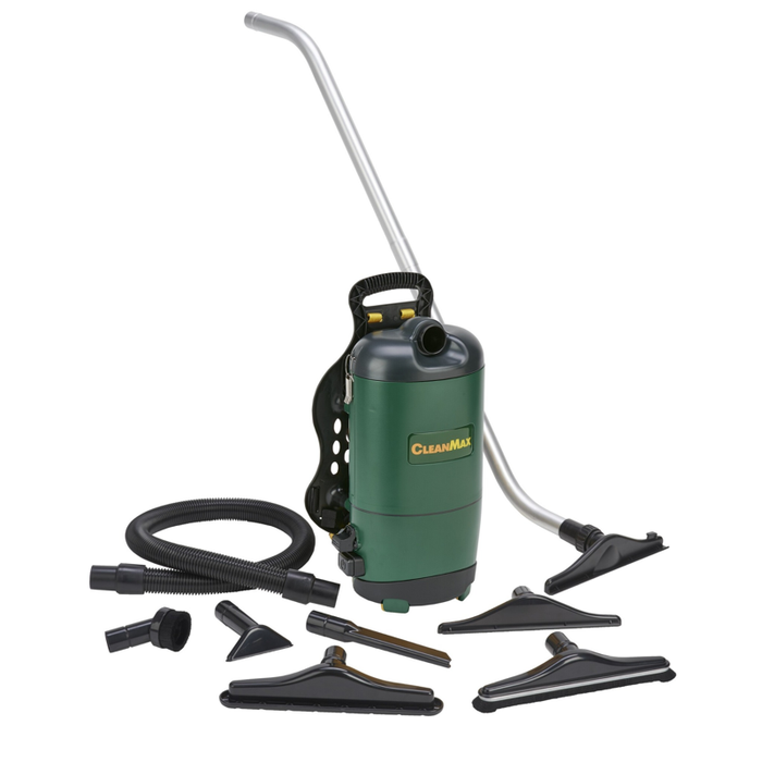 CleanMax Backpack Vacuum angled view with attachments green body black accessories