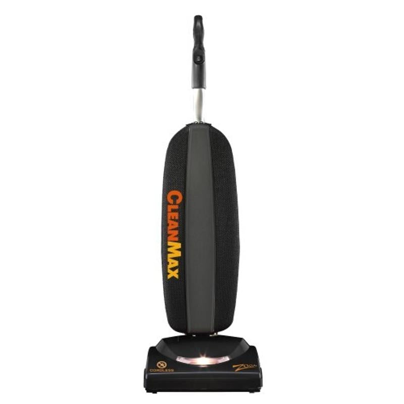 CleanMax Cordless Zoom 800 8 front view  upright black vacuum orange text