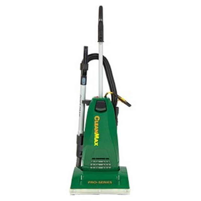 CleanMax Pro Series front view green vacuum cleaner with yellow logo and attached hose