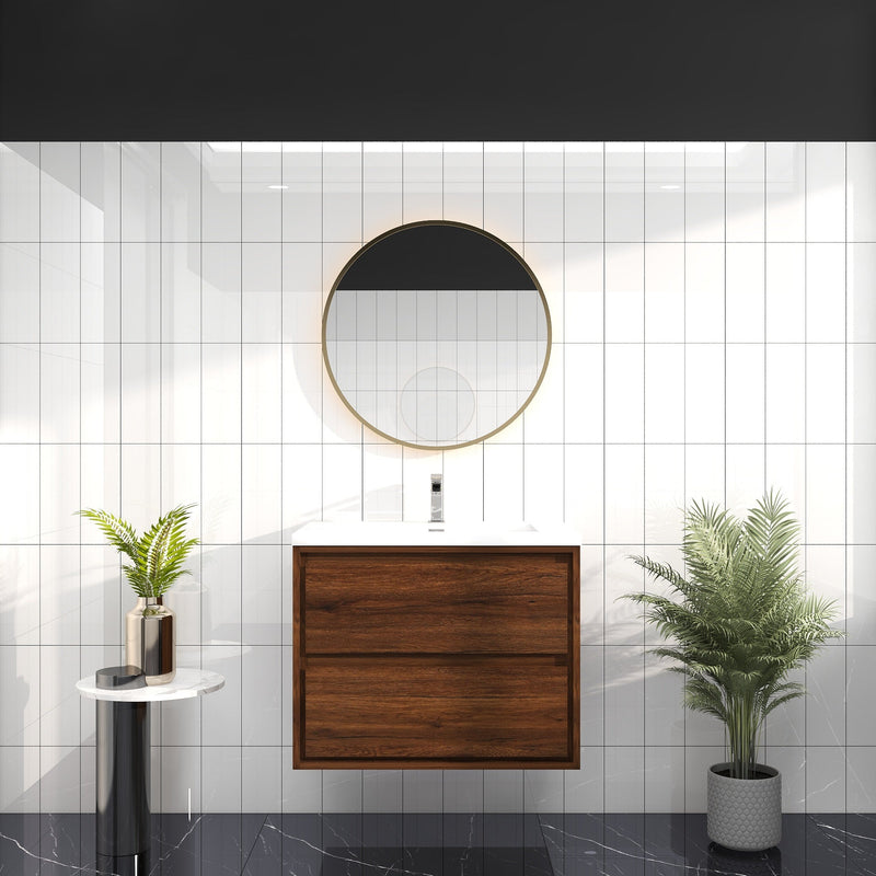 Saggia 30" Wall-Mounted Floating Bathroom Vanity with Reinforced Acrylic Sink in Rosewood | Better Vanity Modern Luxury Bathroom Vanities