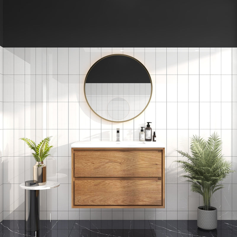 Saggia 36" Wall-Mounted Floating Bathroom Vanity with Reinforced Acrylic Sink in Teak Oak | Better Vanity Modern Luxury Bathroom Vanities