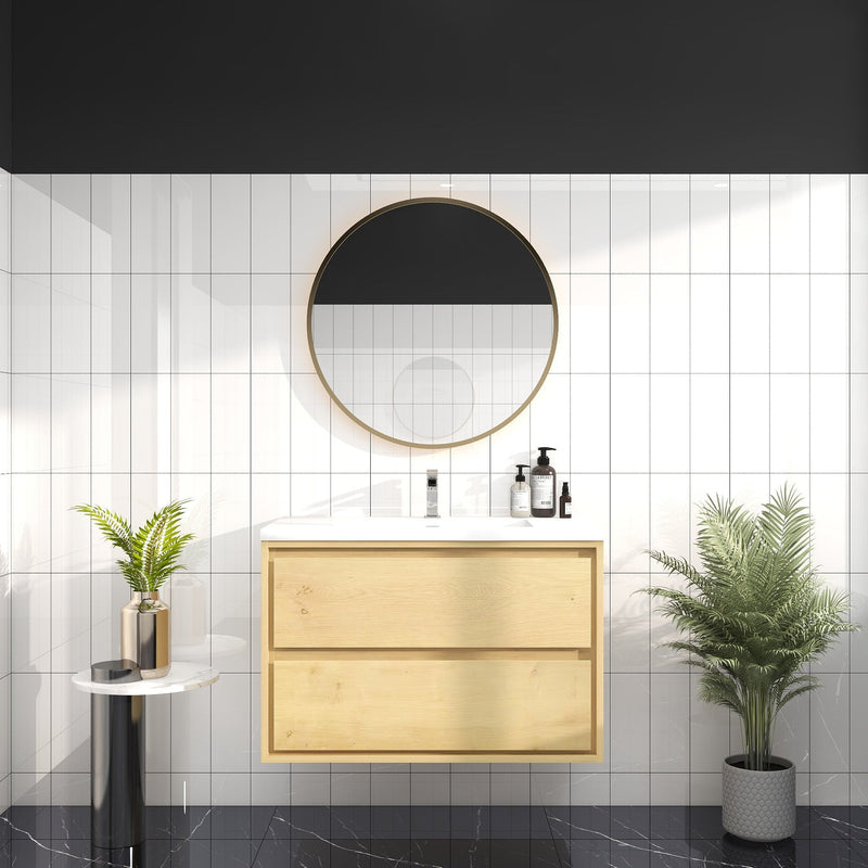 Saggia 36" Wall-Mounted Floating Bathroom Vanity with Reinforced Acrylic Sink in Light Oak | Better Vanity Modern Luxury Bathroom Vanities