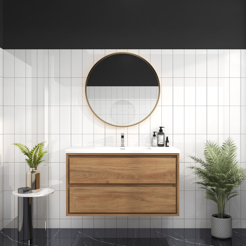 Saggia 42" Wall-Mounted Floating Bathroom Vanity with Reinforced Acrylic Sink in White Oak | Better Vanity Modern Luxury Bathroom Vanities