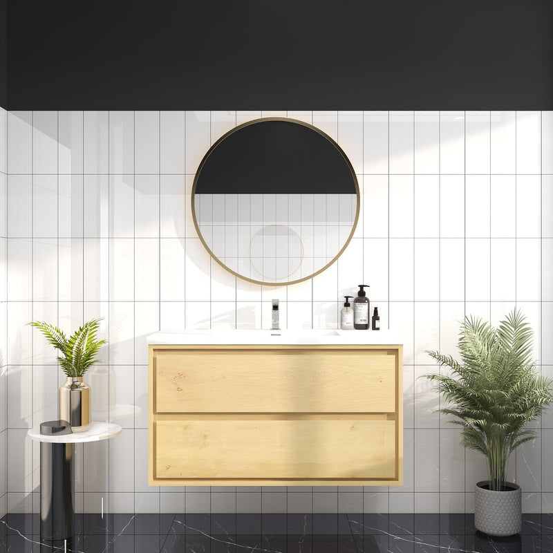 Saggia 42" Wall-Mounted Floating Bathroom Vanity with Reinforced Acrylic Sink in Light Oak | Better Vanity Modern Luxury Bathroom Vanities