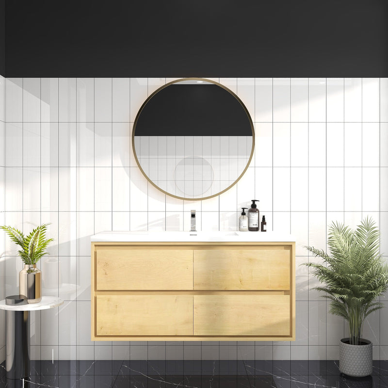 Saggia 48" Wall-Mounted Floating Bathroom Vanity with Reinforced Acrylic Sink in Light Oak | Better Vanity Modern Luxury Bathroom Vanities