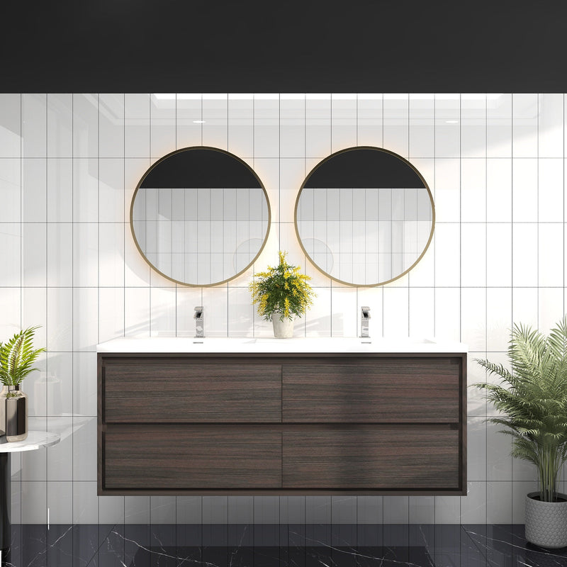 Saggia 60" Wall-Mounted Floating Bathroom Vanity with Reinforced Acrylic Double Sink in Dark Gray Oak | Better Vanity Modern Luxury Bathroom Vanities