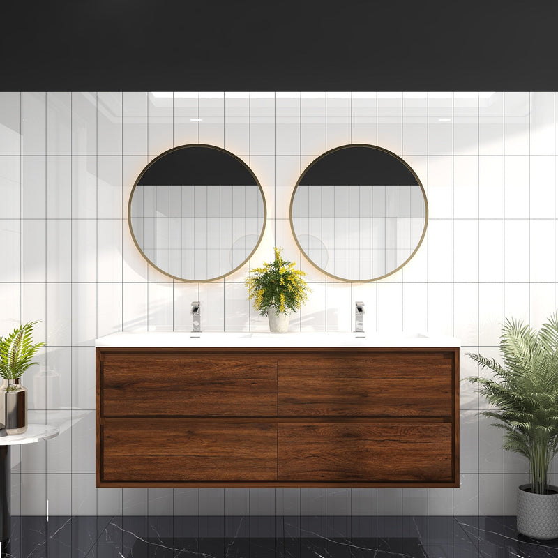 Saggia 60" Wall-Mounted Floating Bathroom Vanity with Reinforced Acrylic Double Sink in Rosewood | Better Vanity Modern Luxury Bathroom Vanities