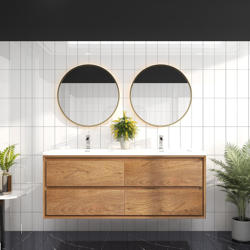 Saggia 60" Wall-Mounted Floating Bathroom Vanity with Reinforced Acrylic Double Sink in Teak Oak | Better Vanity Modern Luxury Bathroom Vanities